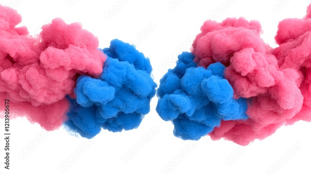 Obraz premium Two clouds of smoke, one blue and one pink, with a white background. The smoke is thick and dense, creating a sense of weight and heaviness