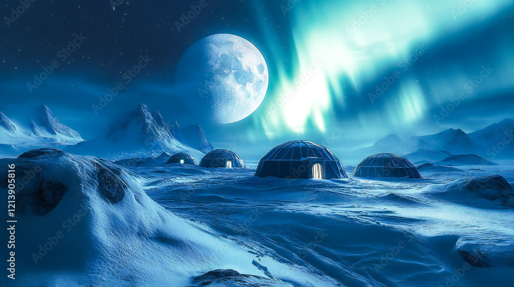 Fototapeta premium Northern Lights Over Snowy Igloos in Arctic Landscape - Stunning Winter Night Scene with Aurora Borealis and Traditional Ice Shelters in Remote Polar Region