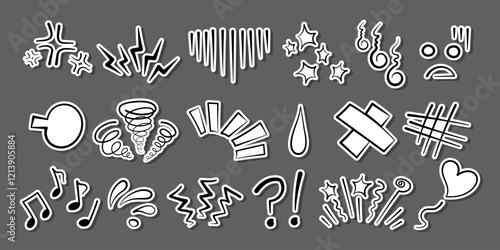 Manga or anime comic emoticon element graphic effects hand drawn doodle vector illustration set isolated on gray background. Sticker style manga doodle line expression scribble anime mark collection