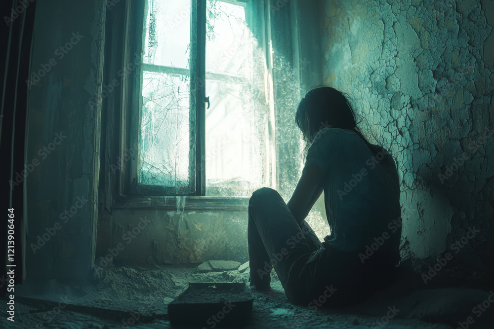 A silhouette of a young girl sitting by a window in a dimly lit room, evoking solitude. A silhouette of a young girl sitting by a window in a dimly lit room, evoking solitude.