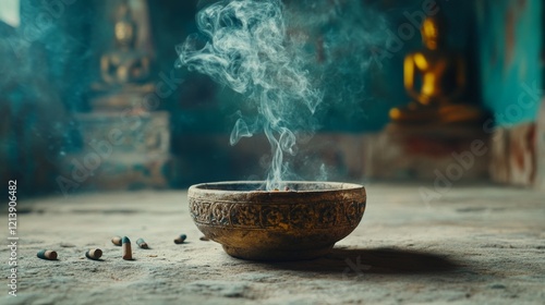 Surrounded by an array of flowers, a ceremonial bowl exudes delicate smoke