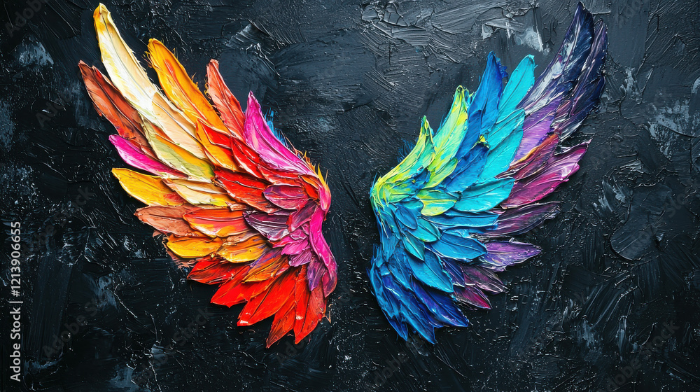 Obraz premium ibrant painted angel wings against a dark black background