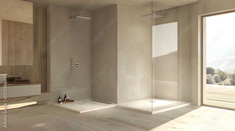 Minimalist bathroom with a walk-in shower and frameless glass door Minimalist bathroom with a walk-in shower and frameless glass door