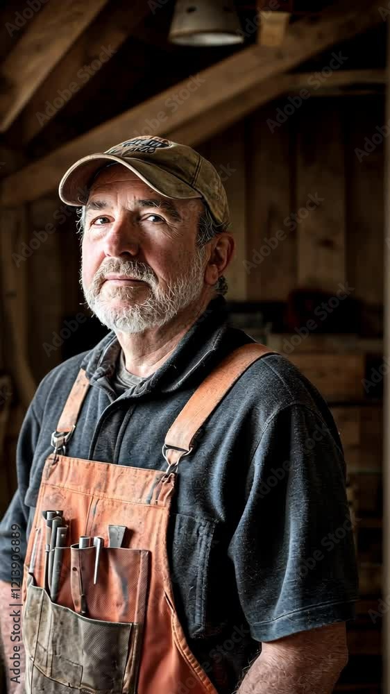 Skilled craftsman with tools in rustic workshop reflects dedication and craftsmanship Skilled craftsman with tools in rustic workshop reflects dedication and craftsmanship