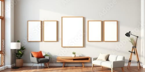 Modern living room interior design with empty frames for artwork and furniture