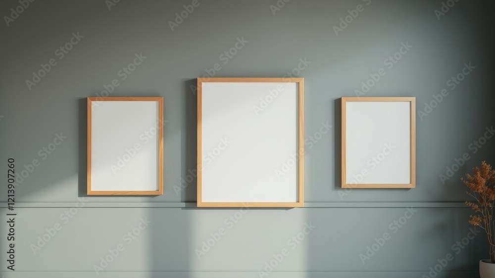 Three empty wooden picture frames on a sage green wall Three empty wooden picture frames on a sage green wall