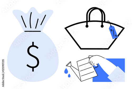 Money bag with dollar sign symbolizing wealth, a shopping bag with a price tag representing spending, and a hand watering plants illustrating nurturing investments. Ideal for finance, budgeting