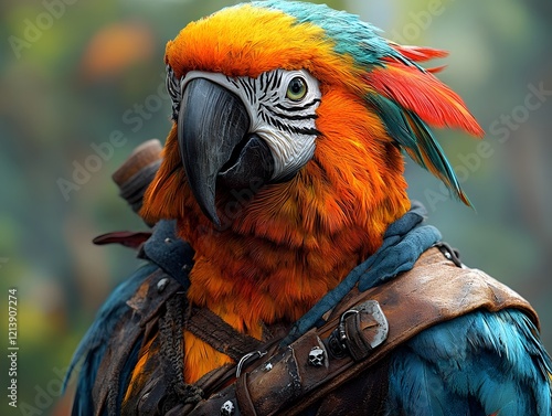 Vibrant Caribbean Parrot Perched on a Rugged Pirate s Shoulder in 3D photo