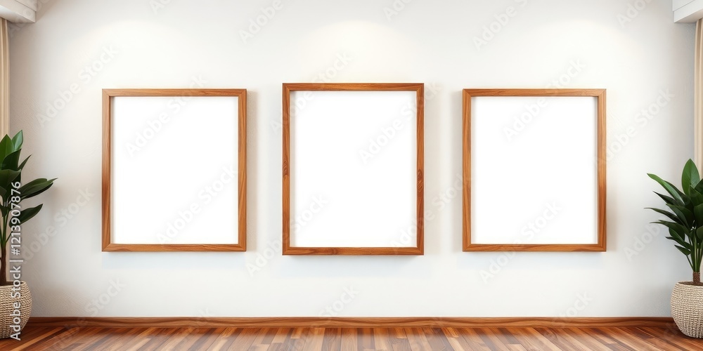 Three blank frames on a white wall, minimalist interior design with hardwood floor and potted plants Three blank frames on a white wall, minimalist interior design with hardwood floor and potted plants