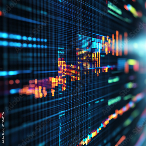 Bitcoin and business statistic on virtal screen. Cryptocurrency and trade concept. 3D Rendering photo