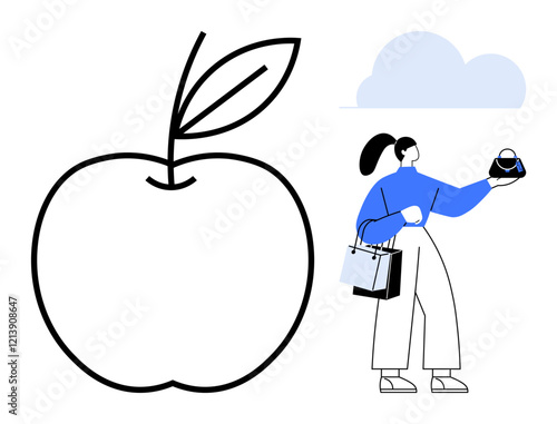 Large outlined apple with leaf, woman carrying shopping bags and holding a small purse, blue cloud. Ideal for retail, healthy lifestyle, balance, consumerism, diet minimalism simplicity. Abstract