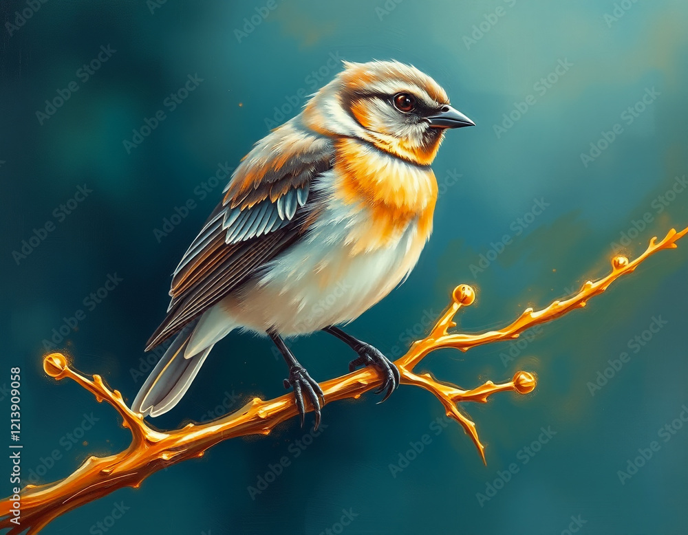 Fototapeta premium Colorful songbird sitting on a branch with a glowing background
