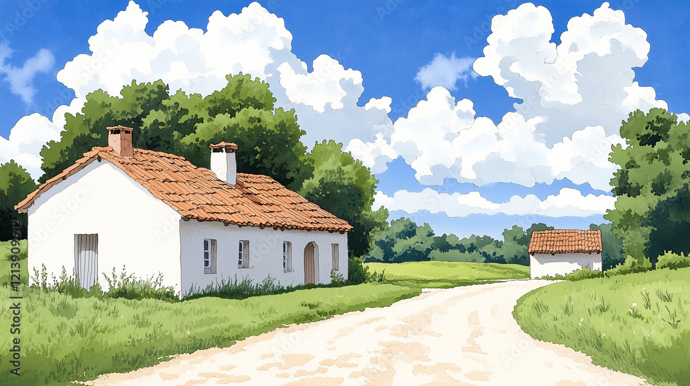 Fototapeta premium Peaceful Countryside Scene with Small Houses and Winding Road