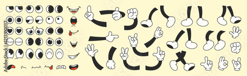 Set of 70s groovy comic faces vector. Collection of cartoon character faces, leg, hand in different emotions happy, angry, sad, cheerful. Cute retro groovy hippie illustration for decorative, sticker.