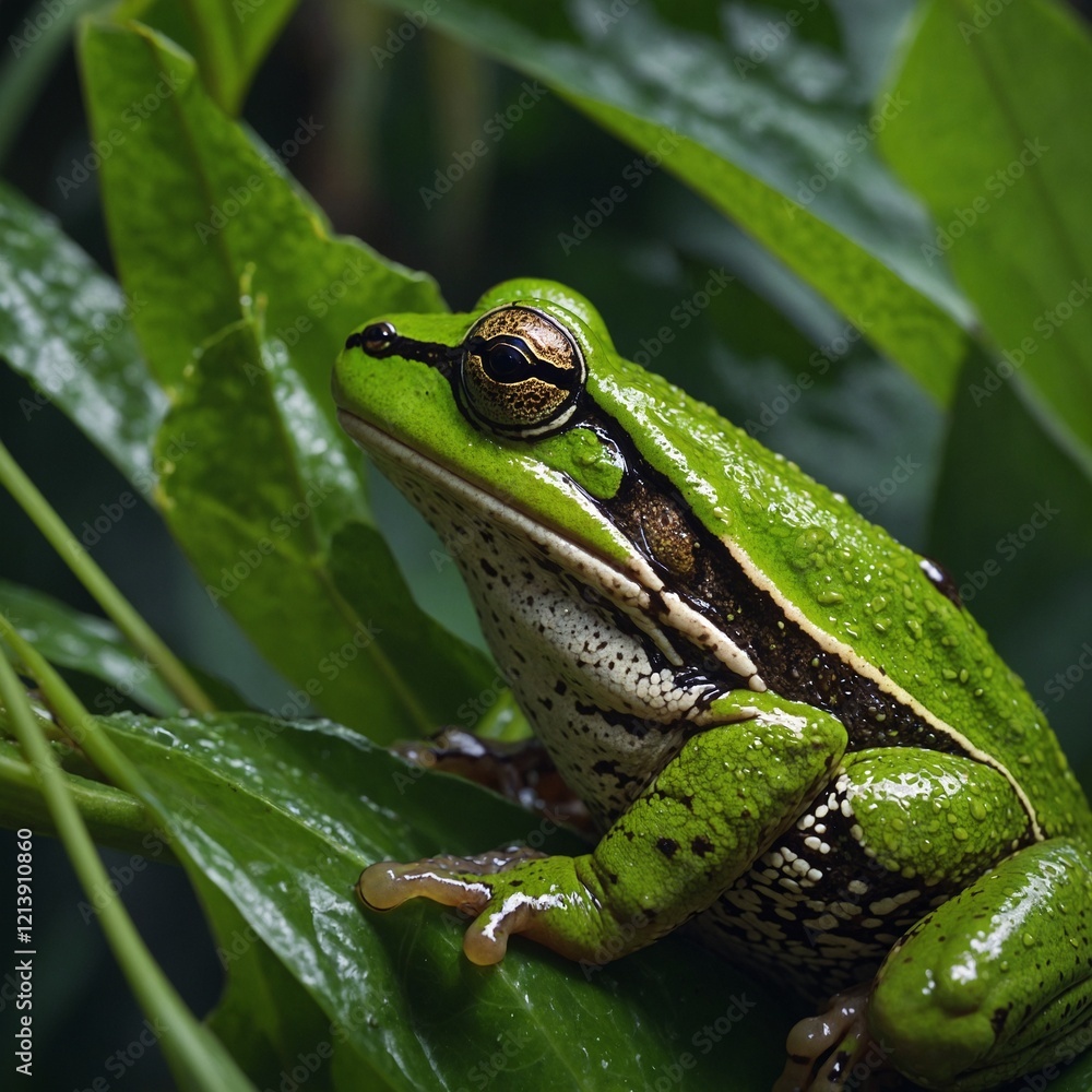 Master of Camouflage: A Spencer’s River Tree Frog Blending into Its Green HabitatIn Detail: Spencer's River Tree Frog with Lush Green Skin and Captivating Eyes.a frog perched on a leaf.A tree frog Master of Camouflage: A Spencer’s River Tree Frog Blending into Its Green HabitatIn Detail: Spencer's River Tree Frog with Lush Green Skin and Captivating Eyes.a frog perched on a leaf.A tree frog