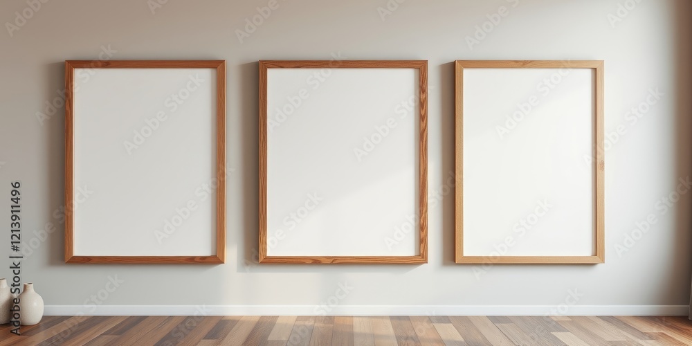 Empty wooden picture frames on a wall mockup Empty wooden picture frames on a wall mockup