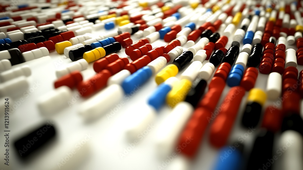 Obraz premium Colorful Capsules Arranged in Rows on White Surface