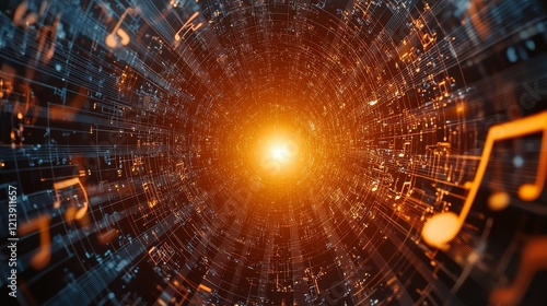 Abstract musical notes in futuristic digital space with motion blur, blue and orange colors, cinematic feel, high resolution.