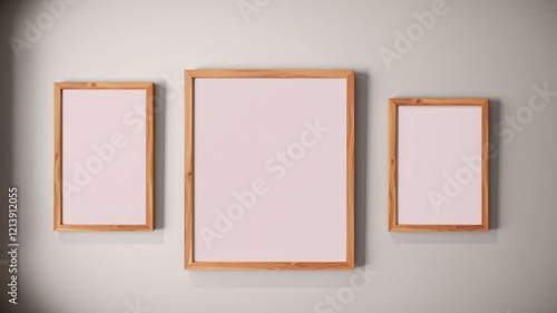 Three Simple Wooden Frames on a Light Grey Wall, Perfect for Gallery Wall Mockups or Interior Design Inspiration