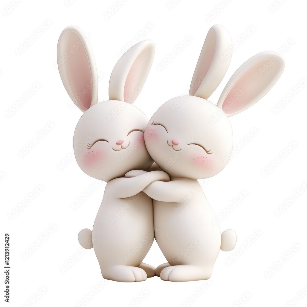 Obraz premium 3d icon Two adorable white rabbits hugging each other on a transparent background, perfect for easter or valentine's day projects