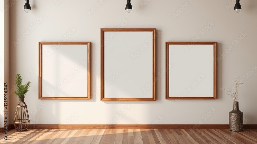 Minimalist Interior Design Mockup with Three Empty Wooden Frames Minimalist Interior Design Mockup with Three Empty Wooden Frames