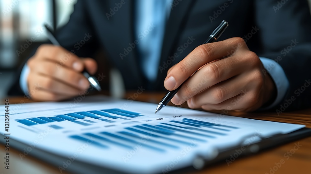 Close-up of businessman reviewing financial charts. Close-up of businessman reviewing financial charts.