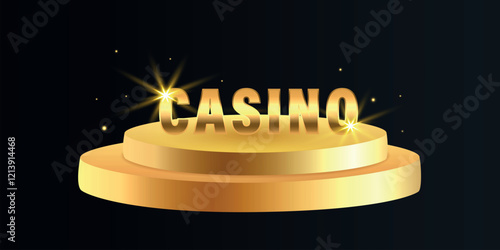 Golden online casino poster for VIP, winners. Glitter poker elements, coin, podium, confetti for congratulations, gift. Luxury vip horizontal banner. Isolated vector illustration on black background.