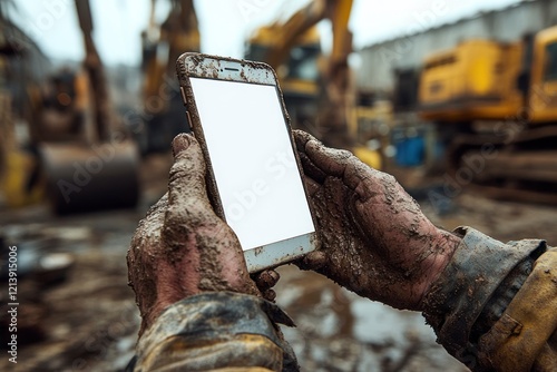 Worker with muddy hands holding blank smartphone outdoors