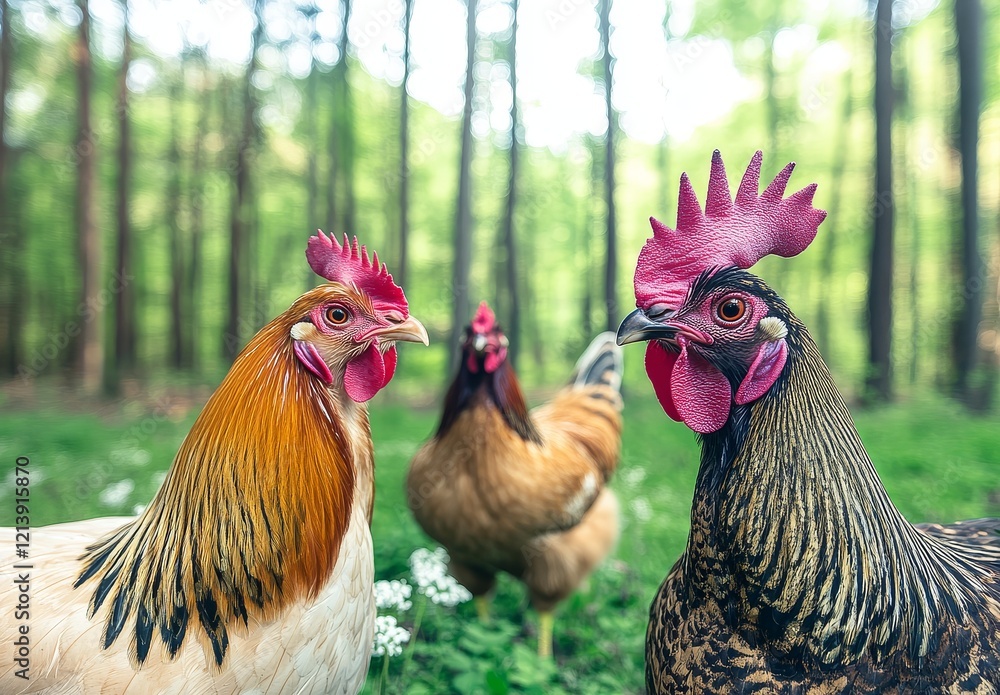 Fototapeta premium Close-up portrait of a rooster and hen on a farm, pecking for food on green grass, poultry for meat and egg products.
