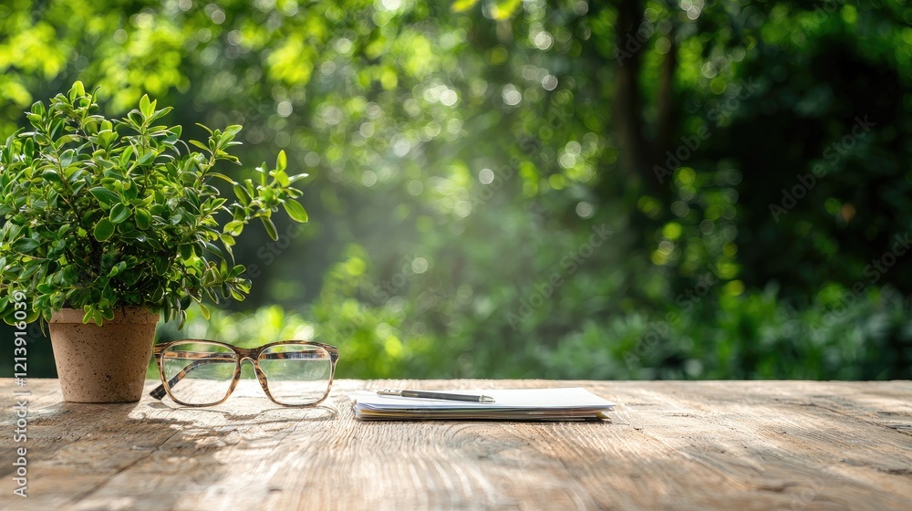 Fototapeta premium Eyeglasses, a notebook with a pen, and a small potted plant sit on a wooden table against a blurry green forest background in bright daylight.