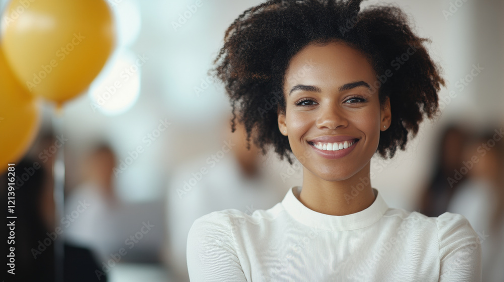 Smiling African American young woman at a professional gathering with balloons Smiling African American young woman at a professional gathering with balloons