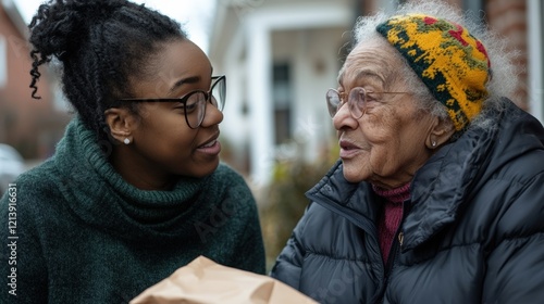 Volunteer chatting with a senior while delivering food, creating a meaningful connection photo