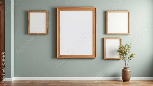 Wooden Frames on a Sage Green Wall with a Vase of Flowers