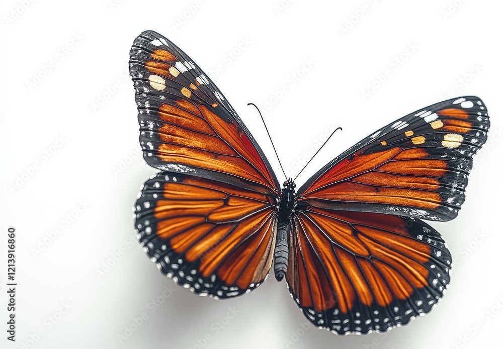 Fototapeta premium Monarch butterfly flying, isolated on a white background, high-resolution photograph with ample copy space.