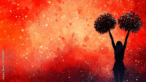 A silhouetted cheerleader holds pom-poms against a vibrant, fiery background, embodying energy and celebration.