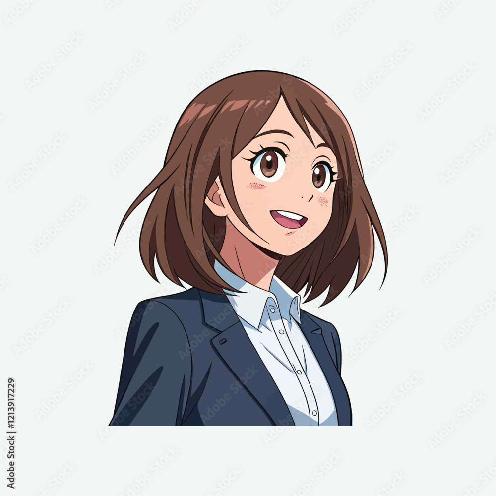 Vibrant Anime-Style Portrait of a Cheerful Professional Woman Vibrant Anime-Style Portrait of a Cheerful Professional Woman