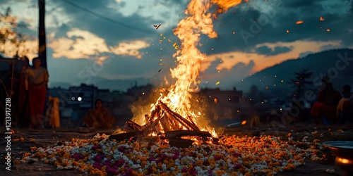 Vibrant Holika Dahan Bonfire in Serene Village Setting at Night photo