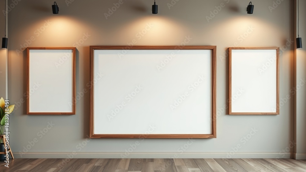 Empty wooden picture frames on a wall with warm lighting and hardwood floor Empty wooden picture frames on a wall with warm lighting and hardwood floor