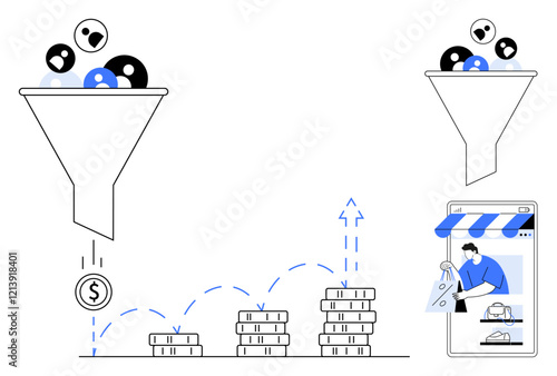 Funnels converting people into money, stacks of coins growing, arrows showing profit increase, online shopping and engagement. Ideal for sales, marketing, e-commerce, conversion, growth strategy