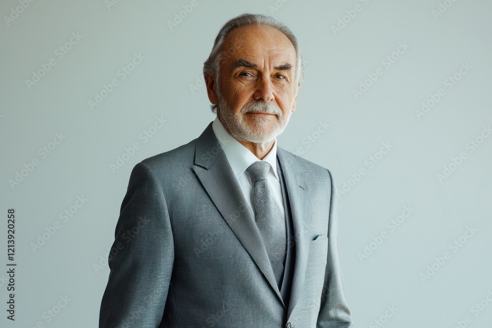 Confident old man in tailored gray suit, white backdrop Confident old man in tailored gray suit, white backdrop