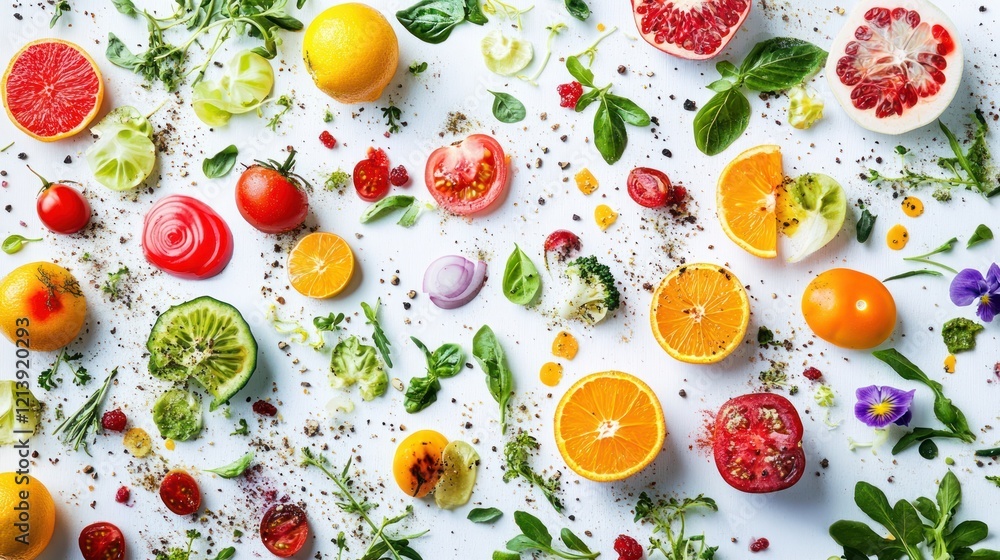 Vibrant fruits and vegetables arranged artfully on white Vibrant fruits and vegetables arranged artfully on white