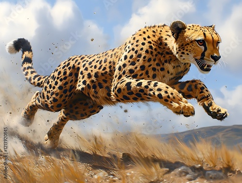 Leaping Cheetah Chasing Prey Across Savanna Landscape photo