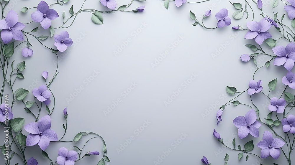 Elegant papercut frame with soft lavender flowers intertwined with green vines on a soft gray background. Elegant papercut frame with soft lavender flowers intertwined with green vines on a soft gray background.