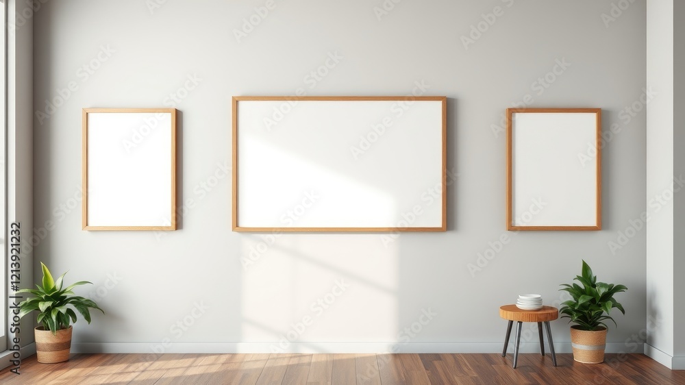 Minimalist interior design with blank picture frames and plants Minimalist interior design with blank picture frames and plants