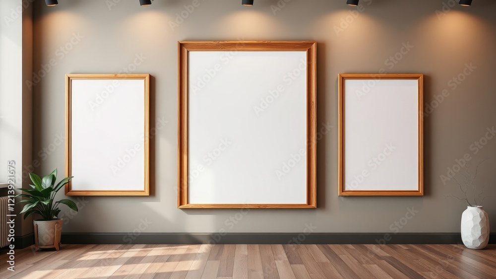 Modern Minimalist Interior with Empty Picture Frames for Artwork Display Modern Minimalist Interior with Empty Picture Frames for Artwork Display