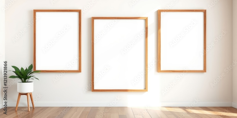 Fototapeta premium Minimalist interior design with three blank frames and a plant