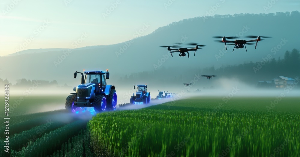 Fototapeta premium Autonomous tractors and drones operate in a high-tech farm at dawn. Smart agriculture with precision farming automation AI-driven machinery and sustainable innovation revolutionizing food production