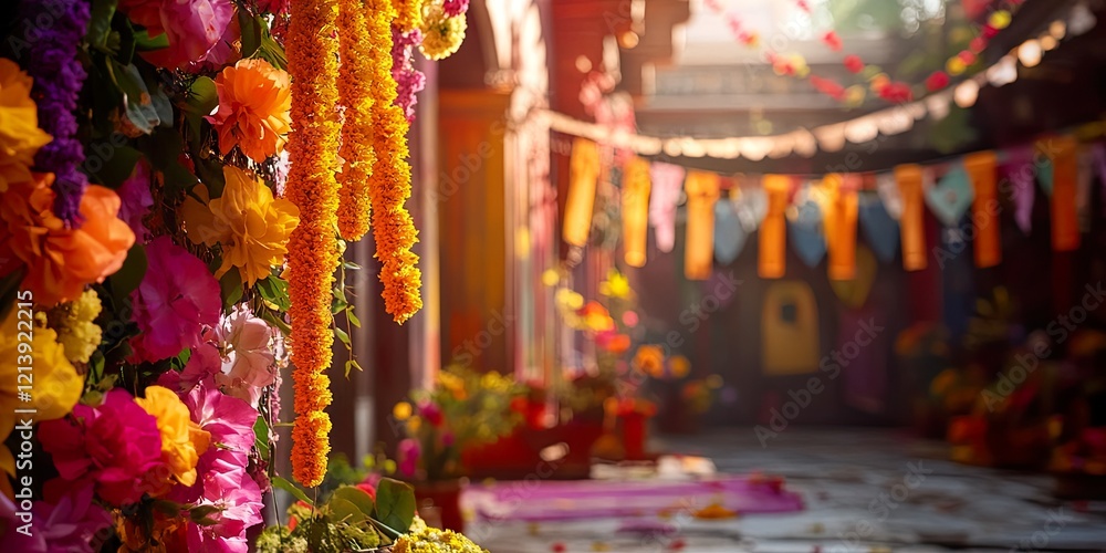 Obraz premium Vibrant Holi Festival Decorations Colorful Banners and Flowers