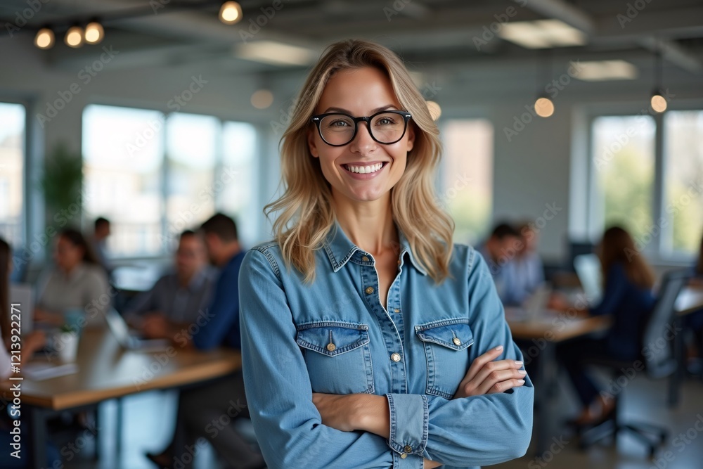 Fototapeta premium Happy Female Designer Standing in Office Creative Workplace Inspiration and Professional Success Tips Generative AI