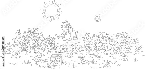 Funny little mole gardener among vegetables in a kitchen garden on a sunny summer day, black and white vector cartoon illustration for a coloring book